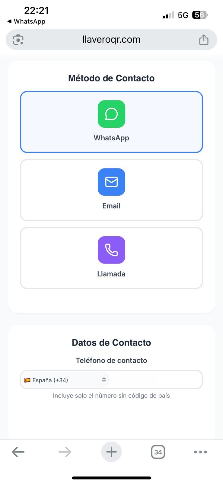 Opciones de método de contacto